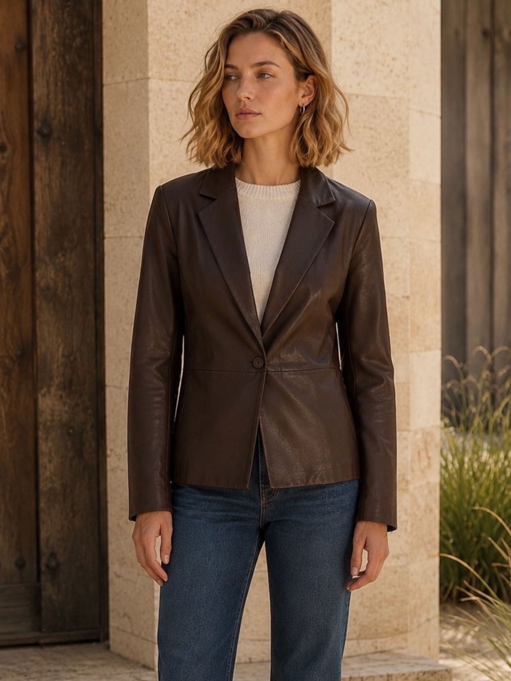 Kim Rogers Brown Leather Blazer Small Tailored Jacket